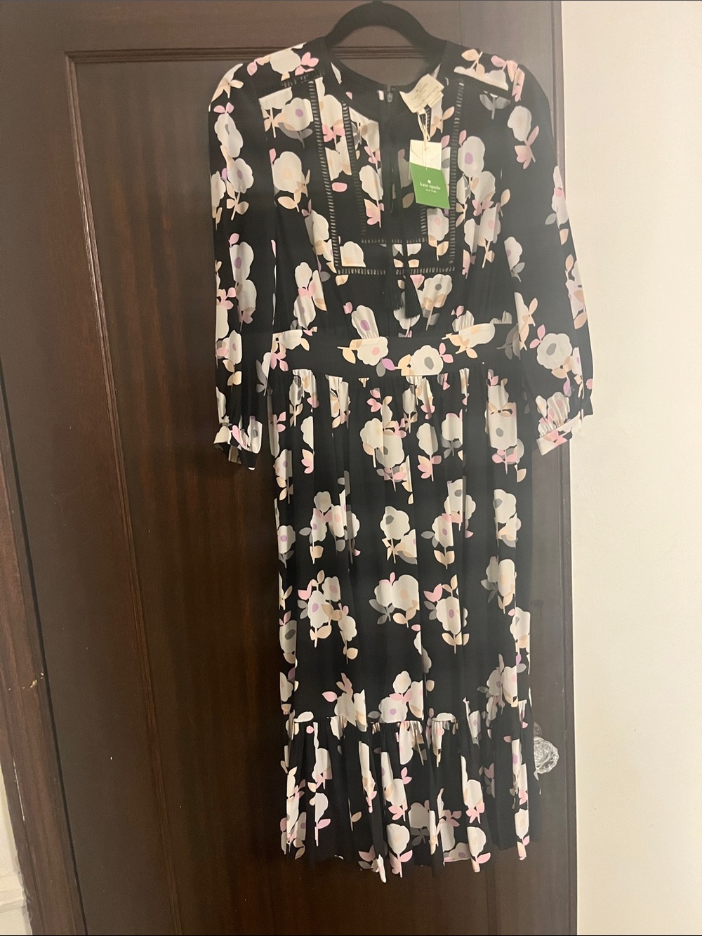 Kate Spade  Black Floral Midi Dress Pink/White Blossoms - Like New runs small